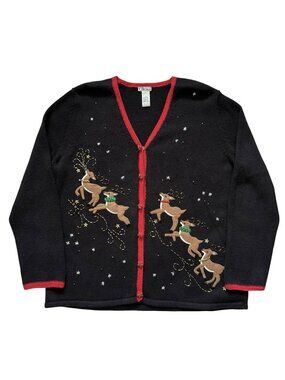 VTG Reindeer Cardigan Size Large Embroidered Grannycore “Ugly” Christmas Sweater